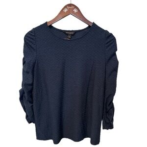 Banana Republic Swiss Dot Puff Ruched Sleeve Top Navy Blue Size S Career